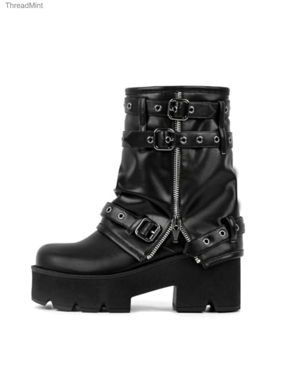 Women's Punk Ankle Boots Block Heel Platform Faux Leather Fold-Over Straps